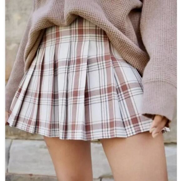 aerie Dresses & Skirts - New Aerie Brick Red Plaid Pleated School Girl A-line Skirt Size M